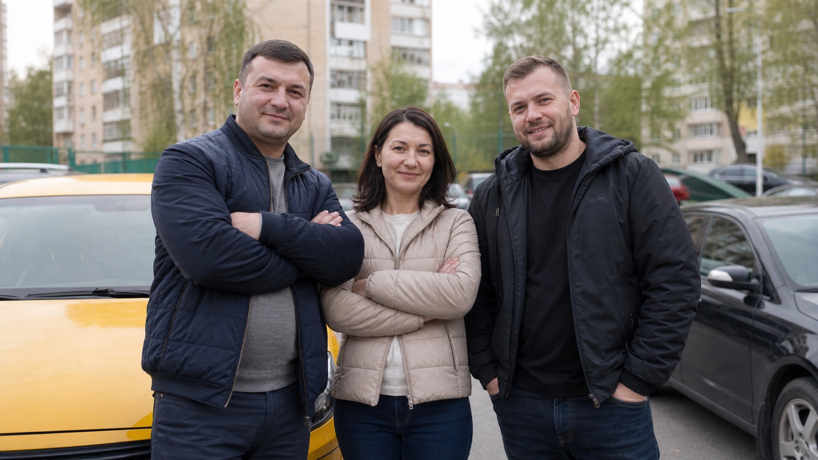 Водители Такси Ангел рядом с автомобилями во Фрязино