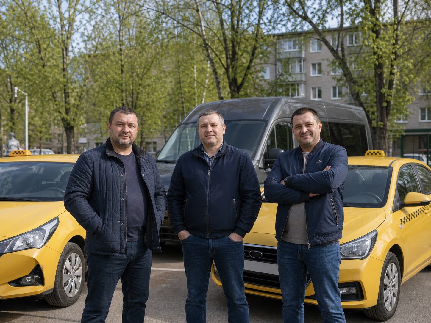 Водители Такси Ангел рядом с автомобилями в Подольске